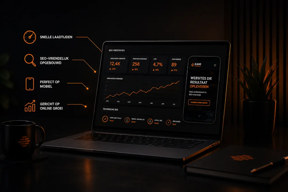 Laptop met een dashboard en een mobiel ontwerp, met aandacht voor snelle laadtijden en online groei